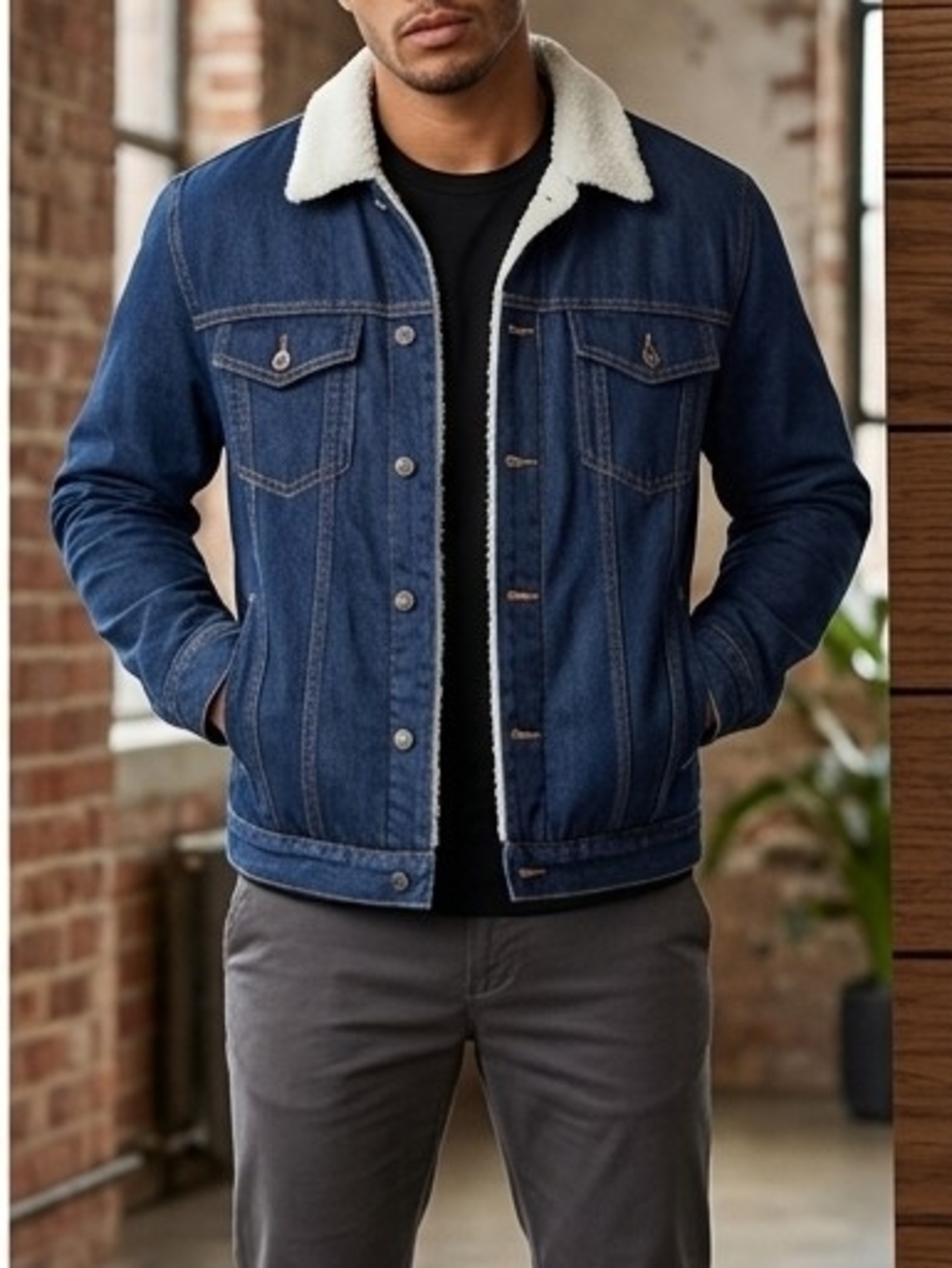 Men's Dark Blue Sherpa-Lined Denim Jacket